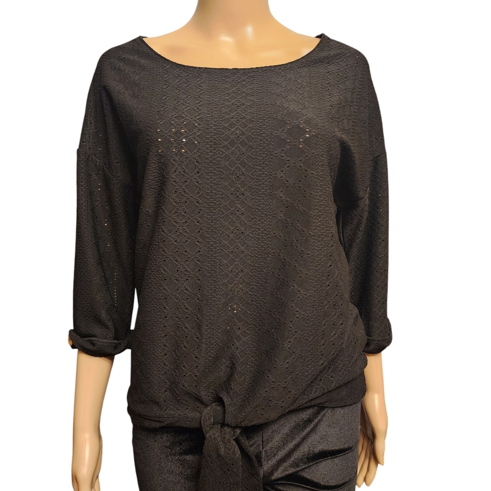 Black 3/4 Sleeve Eyelet  Blouse